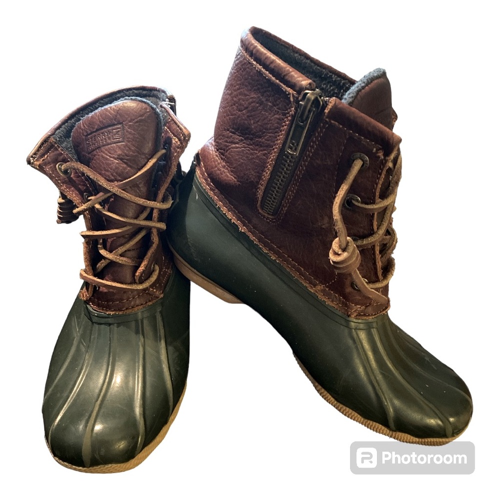 Sperry Saltwater Duck Boots Brown Leather Hunter Green Women’s Size 6